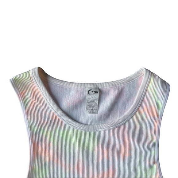 Zyia Active Neon Pastel Watercolor Tie Dye Ribbed Crop Top, Size Large - Picture 3 of 6